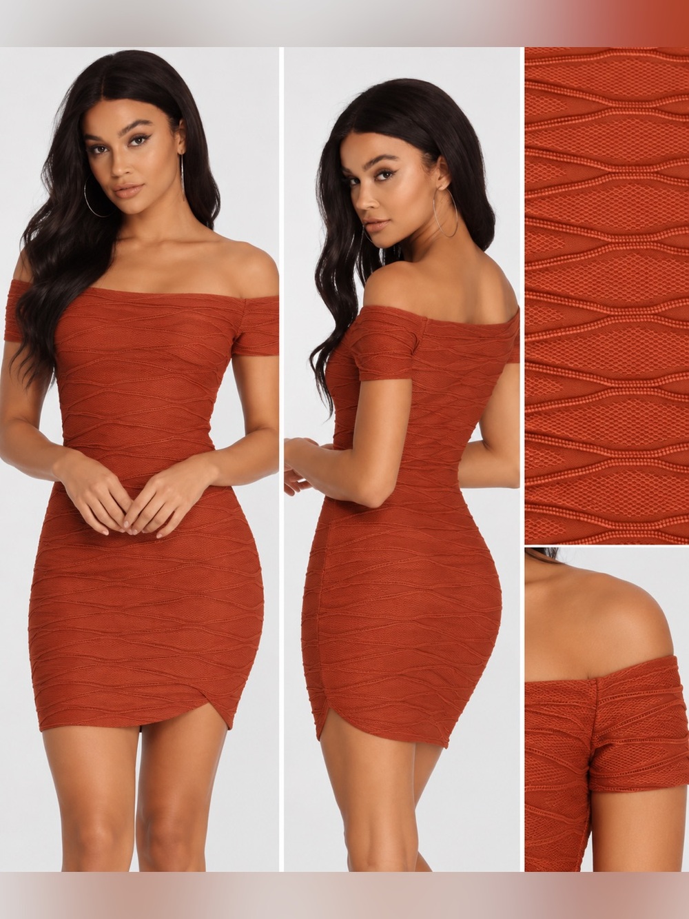Windsor Off-Shoulder Textured Bodycon Dress - Rust